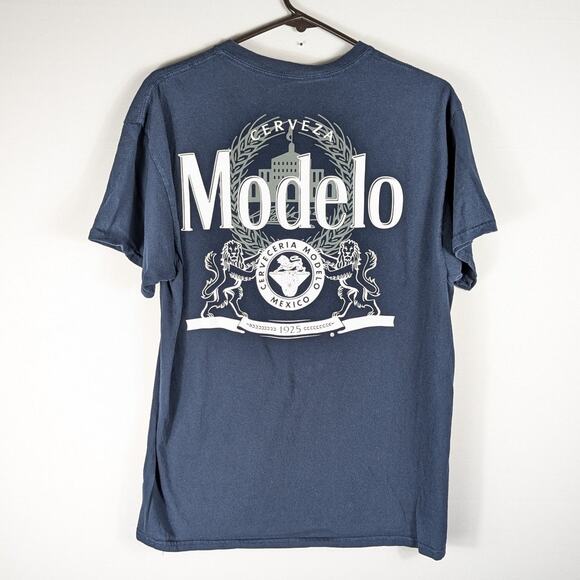 Modelo Cerveza Mens L Blue Graphic T-Shirt 100% Cotton Front Back Beer Logo Tee - Picture 1 of 3